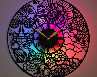 Sugar Skull Clock, Dia de los Muerto Wall Clock, Skull Clock, Floral Skull Wall Clock, Mexican Wall Clock