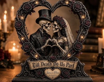 Personalized Till Death Do Us Part Skeleton Couple Wooden Block, Spooky Wooden Block, Gothic Wedding Anniversary Sign, Halloween Decor Gift