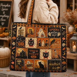 Halloween Quilted Tote Bag, Trick or Treat Cute Ghost Patchwork Shoulder Bags, Witchy Spooky Season Pumpkin Market Tote, Fall Gift for Her