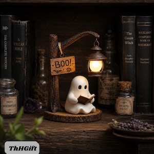 Ghost Reading Book LED Lantern, Halloween Bookshelf Lamp, Gothic Book Nook Decor, Cozy Library Shelf Light, Book Lover Gift