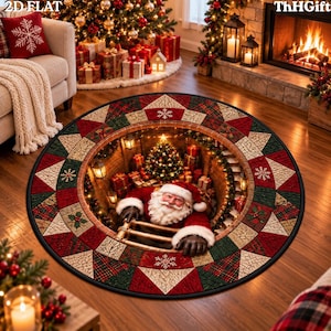 May include: A round rug featuring a 3D-style optical illusion of a circular opening in a floor. The design shows Santa Claus climbing up a ladder from a lower level filled with a decorated Christmas tree and wrapped gifts, framed by a plaid border.