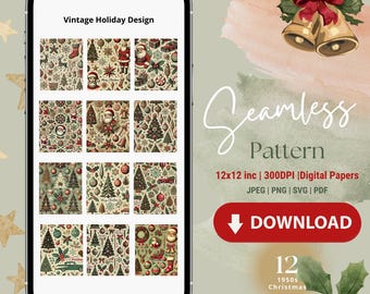 Vintage Weihnachten Seamless Digital Paper Pack | Retro Urlaub Muster | 31 x 30 cm | 300 Dpi | JPEG - PNG - SVG - PDF