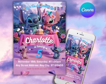 Stitch Birthday Invitation: Kids Party Evite, Editable Canva Template (Digital Download)