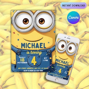 Bearbeitbare Minion-Geburtstagseinladungsvorlage, druckbare Einladungen zur Geburtstagsfeier, digitale Kinderparty-Einladungsvorlage, Evite-Bday-Karte