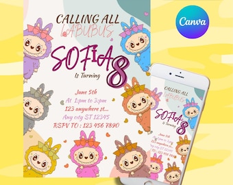 Labubu Birthday Invitation Template: Printable, Editable Canva Invite (Digital Download)