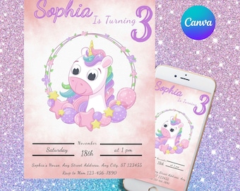 Unicorn Birthday Invitation: Pastel Rainbow Sparkle Party (Canva Template - Digital Download