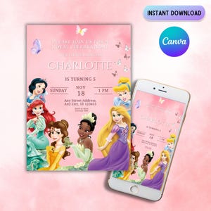 Princess Birthday Invitation Princess Invitation Princess Party Invitation Girl Princess Invitations Gold Pink EDITABLE Instant Digital