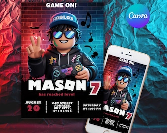 Könnte beinhalten: Eine digitale Einladung zu einer Roblox-Motto-Geburtstagsparty. Die Einladung zeigt eine Comicfigur, die einen Videospiel-Controller hält. Der Text auf der Einladung lautet "Game On!" und "Mason 7 hat Level erreicht". Die Einladung enthält auch das Datum, die Uhrzeit und den Ort der Party.