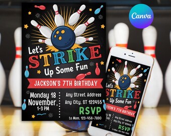 Bowling Birthday Invitation: Editable Kids Party Invite (Canva Template)