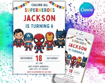 Editable Superheroes Birthday Invitation Template Printable Birthday Party Invitation Kids Party Invite Template Superhero Bday Card sh1