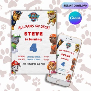 Calling All Pups Birthday Invitation | Editable 4th Birthday Invite | Digital Puppy Party Template | Printable Kids | Instant Download