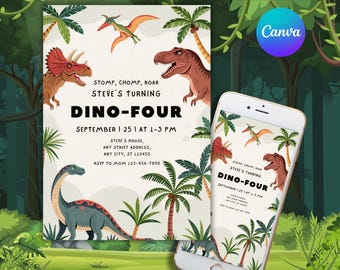 May include: A printable invitation for a dinosaur-themed birthday party. The invitation features a green, brown, and white jungle background with dinosaurs, palm trees, and the text "STOMP, CHOMP, ROAR STEVE'S TURNING DINO-FOUR SEPTEMBER | 25 | AT 1-3 PM STEVE'S HOUSE, ANY STREET ADDRESS, ANY CITY, ST 123455 RSVP TO MOM 123-456-7890".