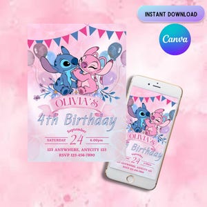 Stitch and Angel Birthday Invitation, Editable Stitch Birthday Invitation, Digital Party Invite, Stitch Birthday Party Invitation Printable