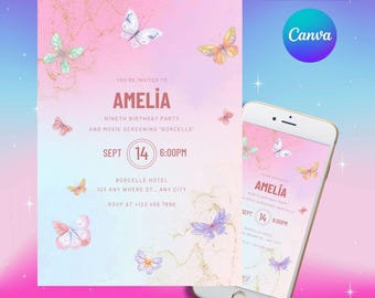 Butterfly Birthday Invitation, First Birthday Invitation, Girl Butterfly Party, Purple Butterfly Birthday Invite, Editable Canva Template