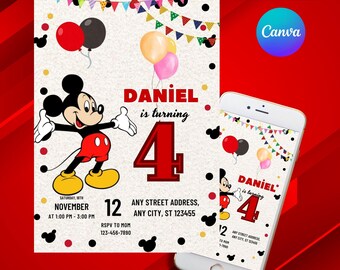 Editable Mickey Mouse Birthday Invitation: Canva Evite (Digital Download)