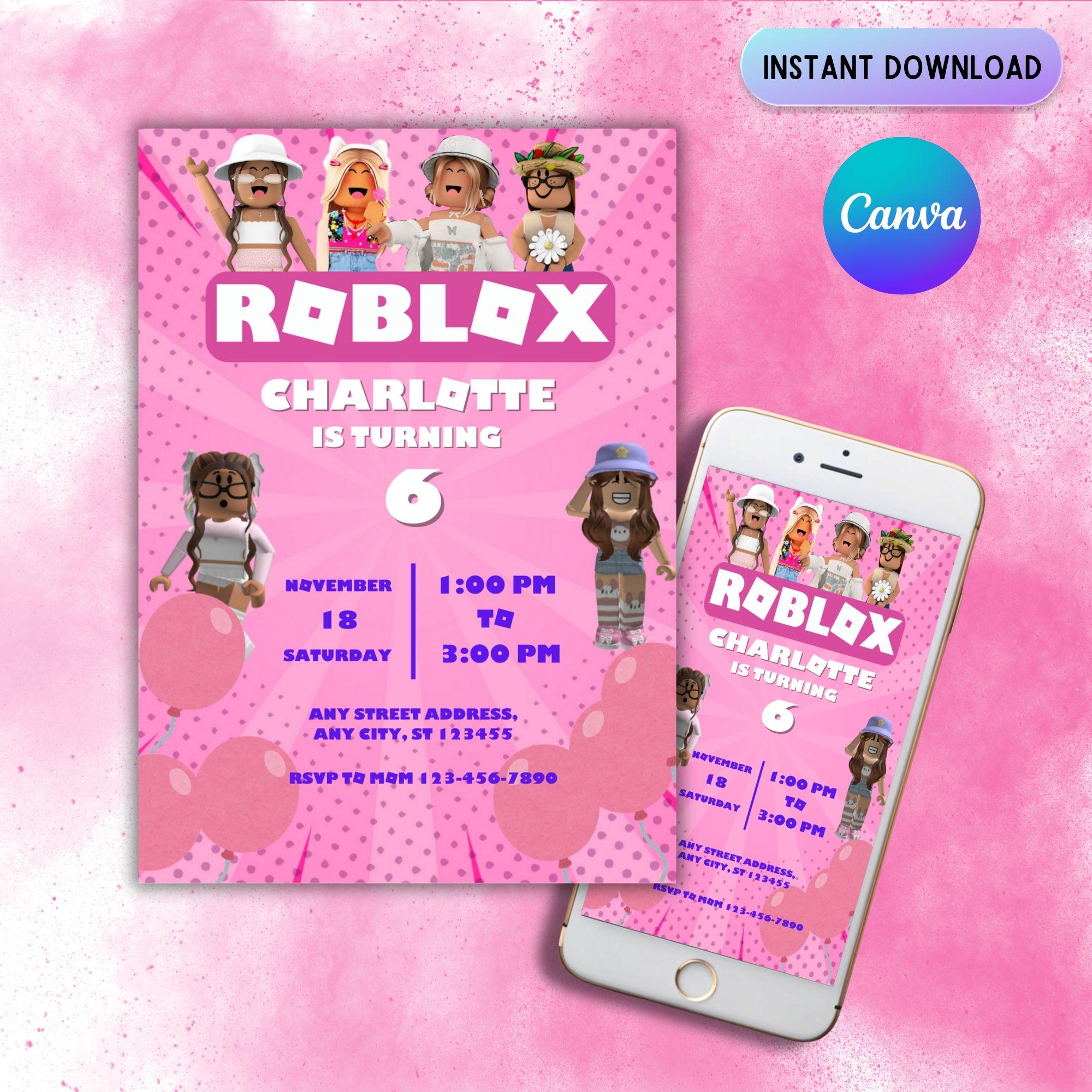 Girls Roblox Invitation, Roblox Invite, Game Party, Roblox Birthday Invitation Template, Game Birthday, Roblox, Editable Template, Canva