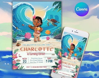Baby Moana Birthday Invitation, Editable Digital Hawaiian Moana Birthday Invite, Kids Theme Party Invitation, Digital Baby Moana Template