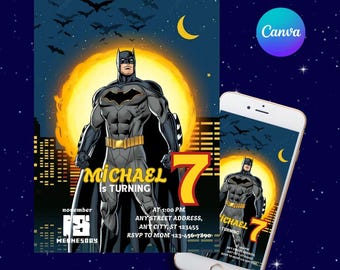 Editable Superhero Birthday Invitation, Bat Party, Canva Template (Digital Download)