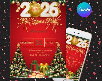2026 New Year Party Invitation, Gold Balloon NYE Invite, New Year’s Eve Dinner Party, Editable Canva Template