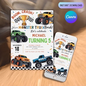 Editable Monster Truck Birthday Invitation Template, Monster Truck Invitation, Monster Truck thank you tag M3L