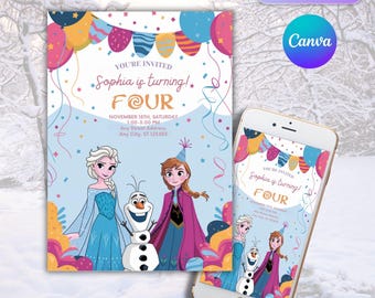 Frozen Birthday Invitation: Elsa Party, Winter Snow Theme (Canva Template)
