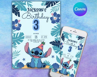Editable Stitch Birthday Invitation Template, Printable Birthday Party Invitations, Digital Kids Party Invite Boys & Girls Bday Card Evite