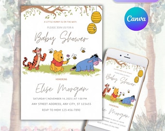 Winnie the Pooh Baby Shower Invitation: Blue Oh Boy, Editable Canva Template (Digital Download)