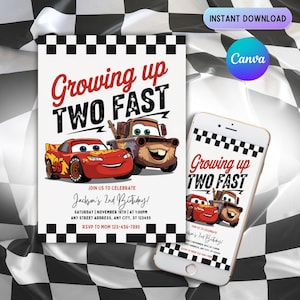 Op de afbeelding: Een uitnodiging voor een verjaardagsfeestje met de tekst "Growing up TWO FAST" en cartoonauto's. De uitnodiging bevat details voor Jackson's 2e verjaardag, met een zwart-wit geblokte rand en een smartphone met hetzelfde ontwerp.