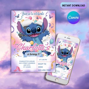 Editable Stitch Birthday Invitation Template, Printable Birthday Party Invitations, Digital Kids Party Invite Boys & Girls Bday Card Evite