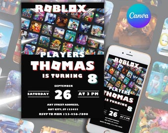 May include: A black and white Roblox-themed birthday invitation with the text "ROBLOX" at the top. The invitation includes the text "PLAYERS THOMAS IS TURNING 8" and event details. A smartphone displays the same design.