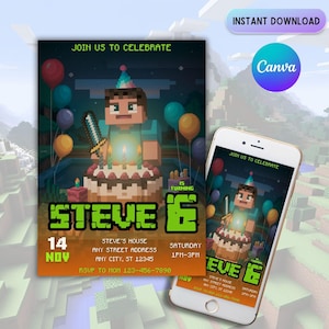 Minecrafter Birthday Invitations | Size 5X7 | Video Game Birthday Invitation | Birthday Card | Girl Boy Birthday | Pixelated Invite