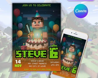 Minecraft Birthday Invitation | Pixelated Video Game Party (Digital Download)
