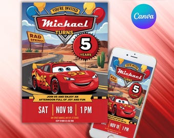 Invitación de cumpleaños de Rayo McQueen: Tema de Cars editable (digital)