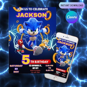 Sonic Editable Birthday Invitation | Hedgehog Party Invitation Template Printable | For Boy and Girl invitation | Invite Instant Download