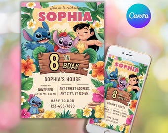 Stitch Birthday Invitation: Lilo & Angel, Kawaii Theme (Editable, Digital Download)