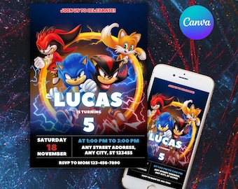 Sonic Birthday Invitation: Editable Party Invite, Canva Template