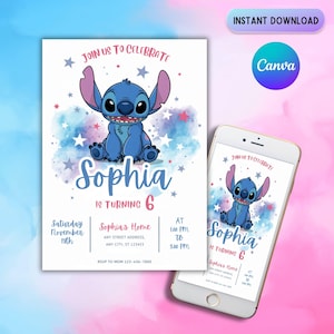 Bearbeitbare Stitch-Geburtstagseinladungsvorlage, druckbare Einladungen zur Geburtstagsfeier, digitale Kinderparty-Einladung Jungen- und Mädchen-Geburtstagskarte Evite