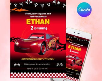 Lightning McQueen Birthday Invitation: Cars Theme, Editable Canva Template (Digital Download