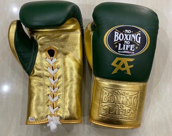 Handmade Boxing Gloves No Boxing No Life Made in Cowhide Leather Green & Gold | Personalise Your Name | Gift for him | Christmas Gift |