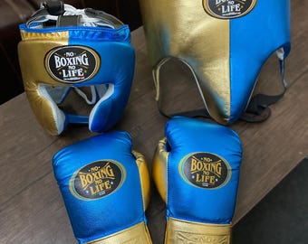 Handmade Boxing Whole Kit No Boxing No Life Made in Cowhide Leather Blue & Gold | Personalise Your Name | Gift to him, Gift for him |