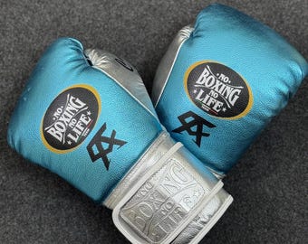 Handmade Boxing Gloves No Boxing No Life Made in Cowhide Leather Silver & Blueish | Personalise Your Name | Gift to him, Gift for him |