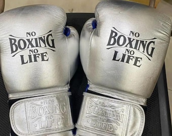 Handmade Boxing Gloves No Boxing No Life Made in Cowhide Leather silver & blue Personalise Your Name | Gift for him | Christmas Gift |