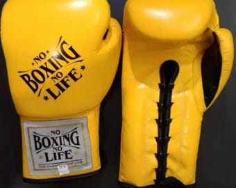 Handgemaakte bokshandschoenen No Boxing No Life gemaakt van rundleer geel en zwart | Personaliseer je naam | Cadeau voor hem | Kerstcadeau |