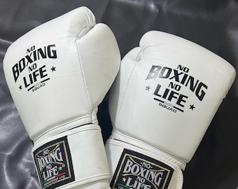 White Boxing Gloves No Boxing No Life Made in Cowhide Leather Velcro Model | Personalise Your Name | Gift for him | Christmas Gift |