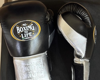 Handmade Boxing Gloves No Boxing No Life Made in Cowhide Leather Silver & Black | Personalise Your Name | Gift to him, Gift for him |