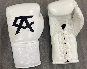 Handgemaakte bokshandschoenen No Boxing No Life gemaakt van rundleer, volledig wit | Personaliseer je naam | Cadeau voor hem | Kerstcadeau |