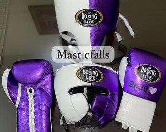 Handmade Boxing Whole Kit No Boxing No Life Made in Cowhide Leather Purple & White | Personalise Your Name | Gift to him, Gift for him |