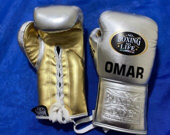 Handgemaakte bokshandschoenen No Boxing No Life Gemaakt van rundleer ZILVER & GOUD| Personaliseer je naam | Cadeau voor hem | Kerstcadeau |