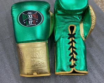 Handmade Boxing Gloves No Boxing No Life Made in Cowhide Leather green & gold| Personalise Your Name | Gift for him | Christmas Gift |