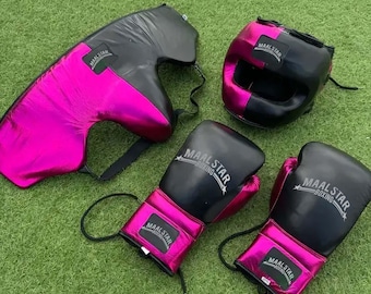 Handmade Boxing Whole Kit Maalstar Made in Cowhide Leather Dark Pink & Black | Personalise Your Name | Gift to him, Gift for him |